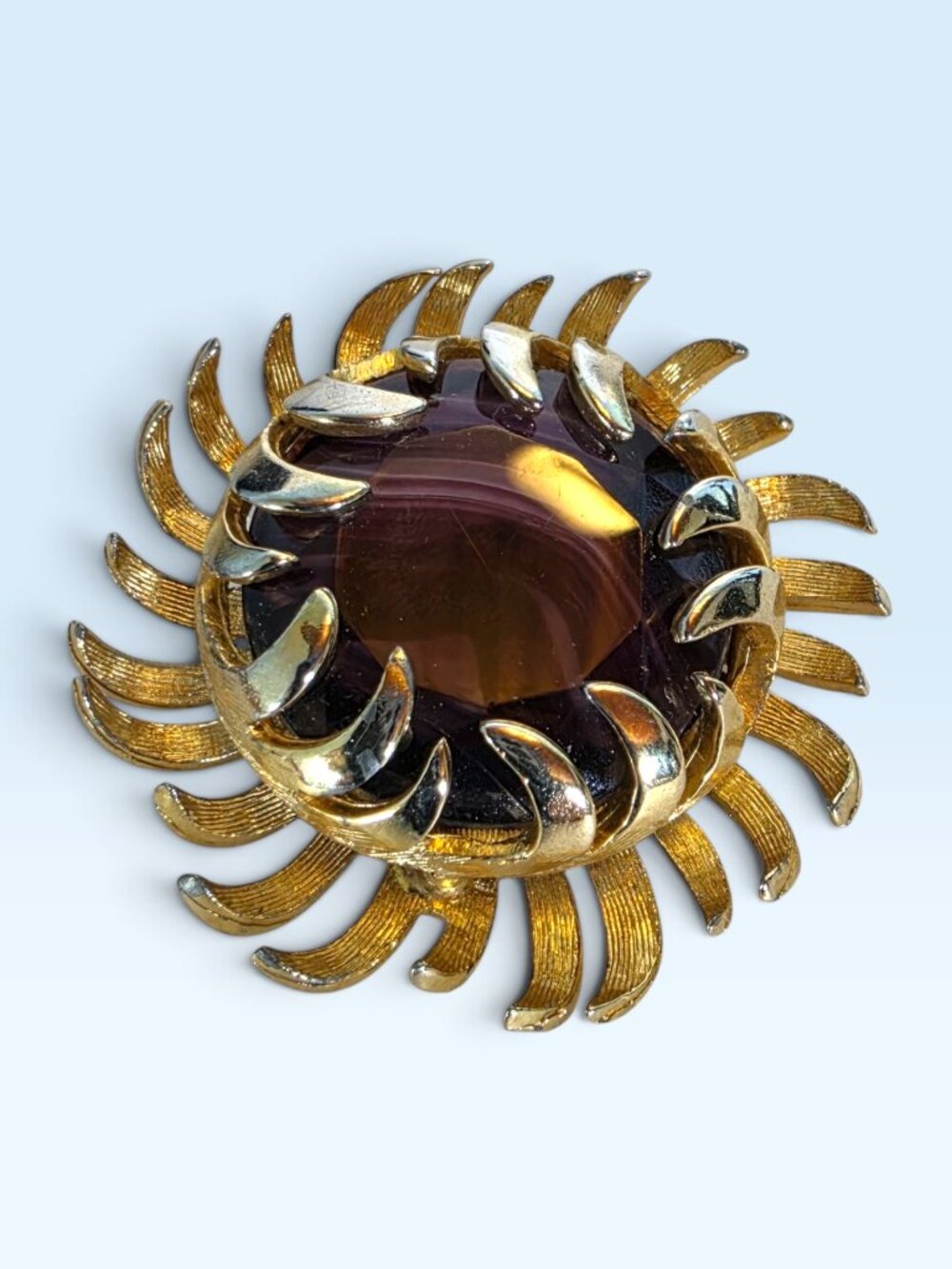 Rare Vintage Retro Purple Czech Art Glass Gold-Tone Sunburst Statement Brooch
